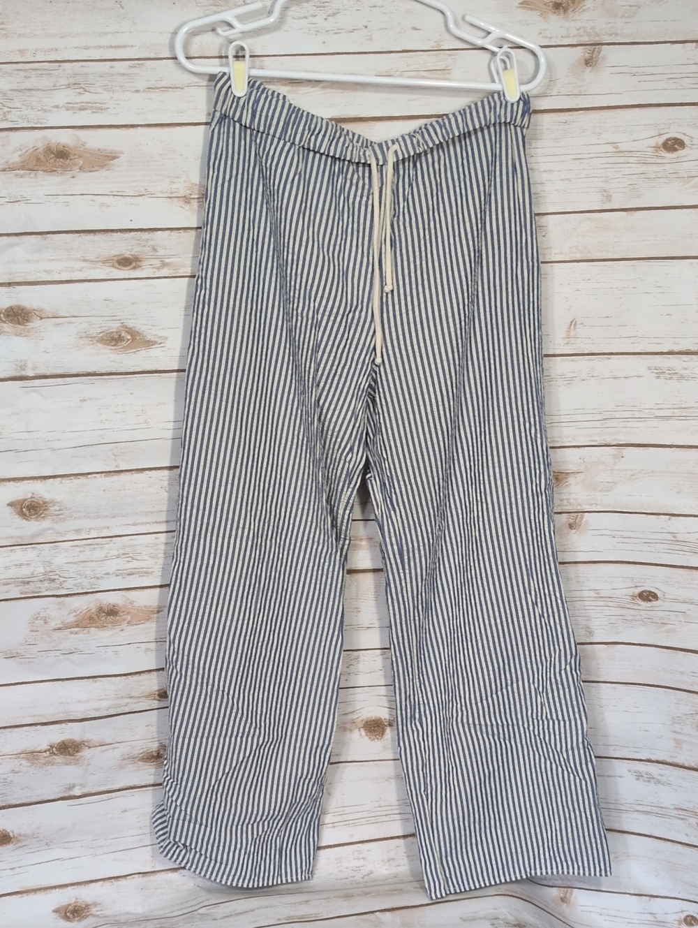 Wide Leg Drawstring Pants - Blue and White
